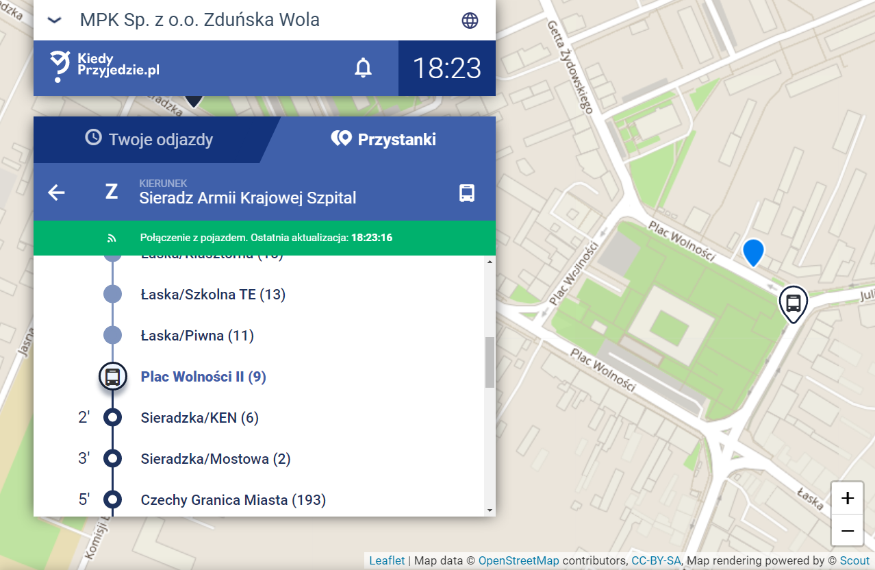 Zrzut ekranu a aplikacji kiedyprzyjedzie.pl